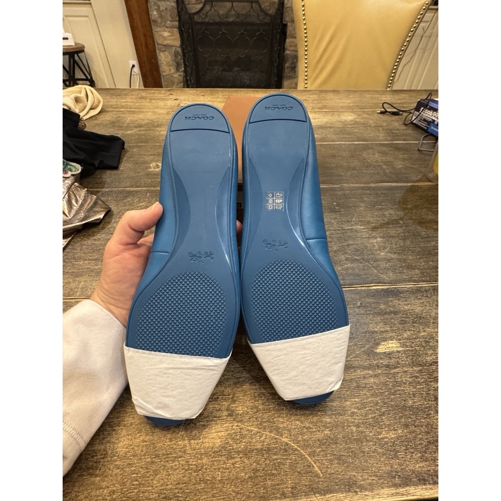 NWB COACH Lara Silk Nappa Ballet Flats Peacock Blue Leather Bow Logo‎ Size 9 - Picture 7 of 11